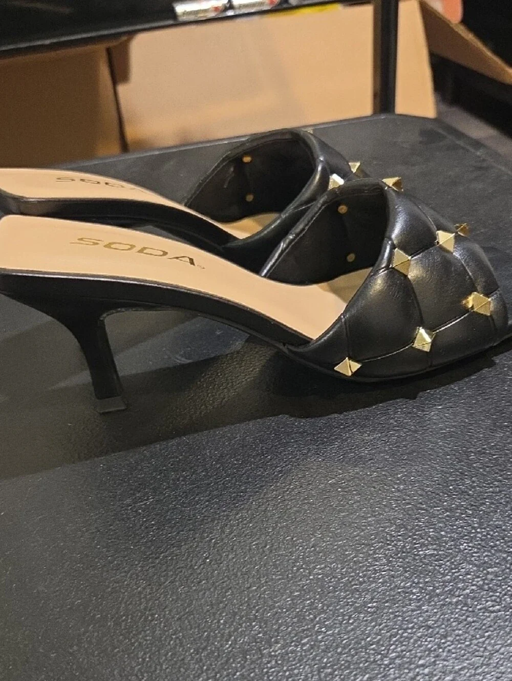 SODA Black Quilted Slide Sandals with Gold Pyramid Studs
